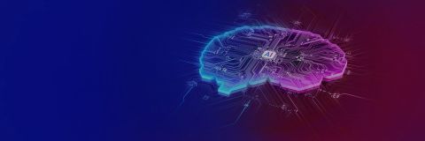 Digital illustration of a brain with circuitry patterns, representing AI on a gradient background